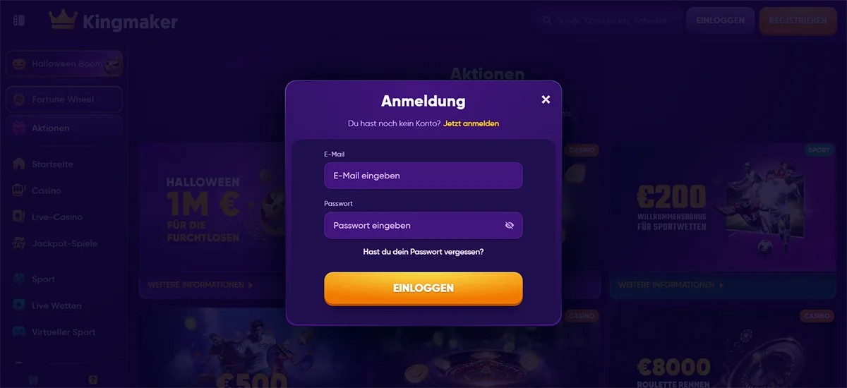 Purple Kingmaker casino login popup in German with email and password input fields, an orange “EINLOGGEN” button, password recovery link, and a dark blurred promotions background.
