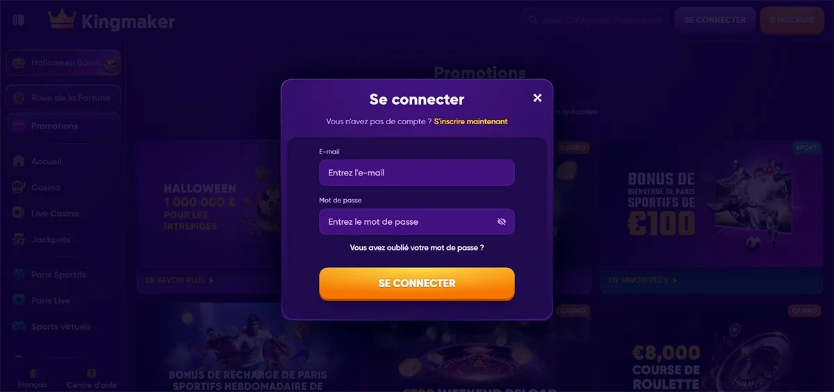 Purple Kingmaker casino “Se connecter” login popup in French with email and password fields, an orange “SE CONNECTER” button, password recovery link, and a blurred promotions background.